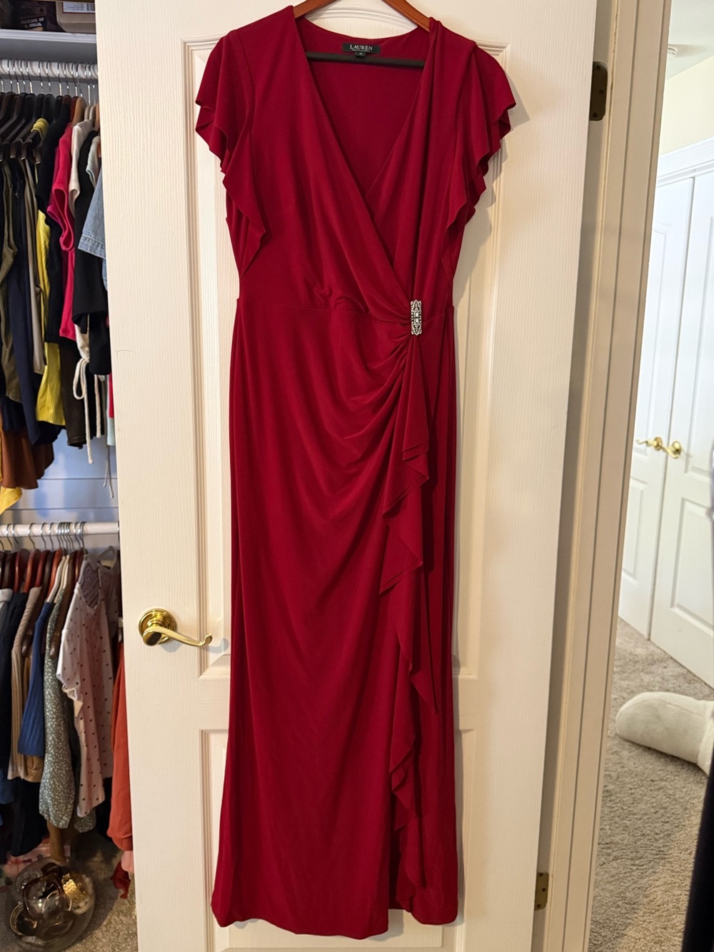Ralph Lauren Burgundy Wrap Maxi Dress with Side Brooch